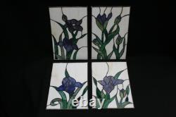 Four Vintage Murano Stained Glass Panels Blue Green Iris Art Nouveau. 17cm x 27cm