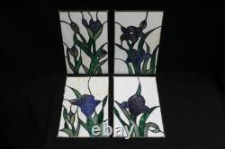 Four Vintage Murano Stained Glass Panels Blue Green Iris Art Nouveau. 17cm x 27cm