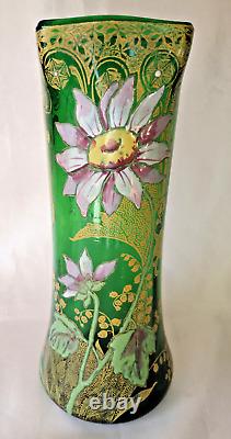 Francois Legras'Belfort' Art Nouveau Enamelled Dahlia Green Glass Vase. C1900