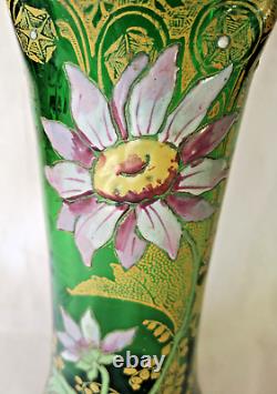 Francois Legras'Belfort' Art Nouveau Enamelled Dahlia Green Glass Vase. C1900