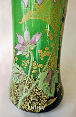 Francois Legras'Belfort' Art Nouveau Enamelled Dahlia Green Glass Vase. C1900