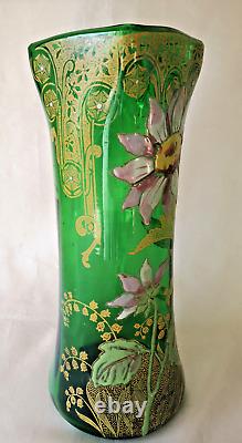 Francois Legras'Belfort' Art Nouveau Enamelled Dahlia Green Glass Vase. C1900