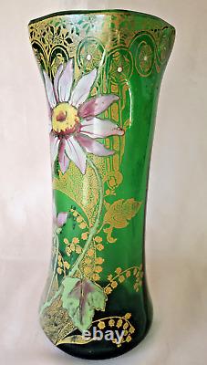 Francois Legras'Belfort' Art Nouveau Enamelled Dahlia Green Glass Vase. C1900