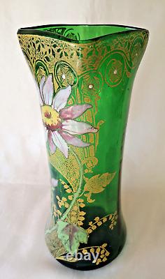 Francois Legras'Belfort' Art Nouveau Enamelled Dahlia Green Glass Vase. C1900