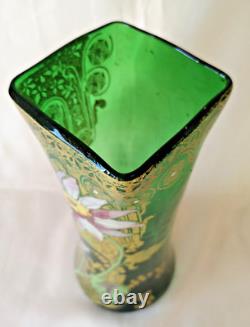 Francois Legras'Belfort' Art Nouveau Enamelled Dahlia Green Glass Vase. C1900