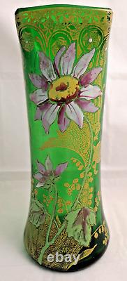 Francois Legras'Belfort' Art Nouveau Enamelled Dahlia Green Glass Vase. C1900