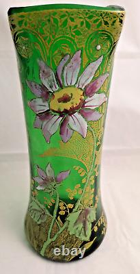 Francois Legras'Belfort' Art Nouveau Enamelled Dahlia Green Glass Vase. C1900