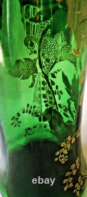 Francois Legras'Belfort' Art Nouveau Enamelled Dahlia Green Glass Vase. C1900