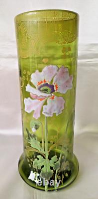 Francois Legras'Nancy' Art Nouveau Enamelled Poppy Green Glass Vase. C1900