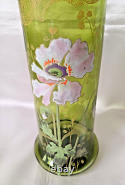 Francois Legras'Nancy' Art Nouveau Enamelled Poppy Green Glass Vase. C1900