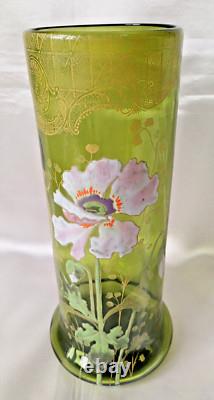 Francois Legras'Nancy' Art Nouveau Enamelled Poppy Green Glass Vase. C1900