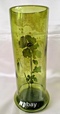 Francois Legras'Nancy' Art Nouveau Enamelled Poppy Green Glass Vase. C1900