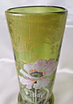 Francois Legras'Nancy' Art Nouveau Enamelled Poppy Green Glass Vase. C1900
