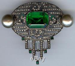French Antique Art Deco Sterling Silver Green Faceted Glass Rhinestone Pin