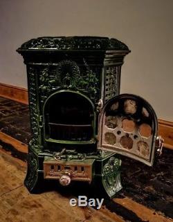 French Antique Green Enamel Woodburner/Solid Fuel/Bio Ethanol Stove. Lily c1920s