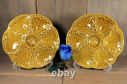 French Antique PAIR Majolica Oyster Plate 6 Wells GIEN Seafood Art Nouveau Green