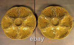 French Antique PAIR Majolica Oyster Plate 6 Wells GIEN Seafood Art Nouveau Green