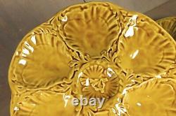 French Antique PAIR Majolica Oyster Plate 6 Wells GIEN Seafood Art Nouveau Green