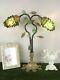 French Art Nouveau Bronze Lamp 2 Murano Glass Green Grape Shades & Flowers 3177