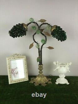 French Art Nouveau Bronze Lamp 2 Murano Glass Green Grape Shades & Flowers 3177