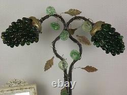 French Art Nouveau Bronze Lamp 2 Murano Glass Green Grape Shades & Flowers 3177
