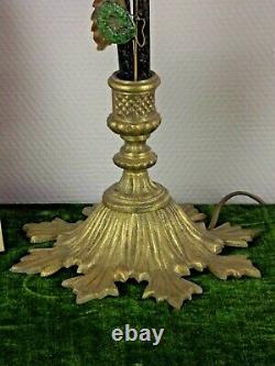 French Art Nouveau Bronze Lamp 2 Murano Glass Green Grape Shades & Flowers 3177