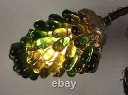 French Art Nouveau Bronze Lamp 2 Murano Glass Green Grape Shades & Flowers 3177