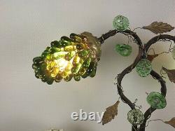 French Art Nouveau Bronze Lamp 2 Murano Glass Green Grape Shades & Flowers 3177