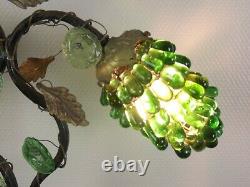 French Art Nouveau Bronze Lamp 2 Murano Glass Green Grape Shades & Flowers 3177