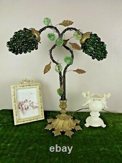 French Art Nouveau Bronze Lamp 2 Murano Glass Green Grape Shades & Flowers 3177