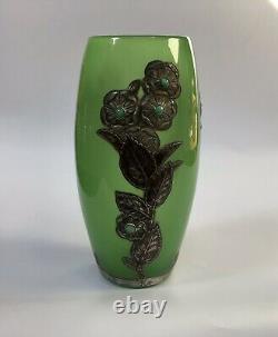 French Art Nouveau Glass Vase With Pewter Overlay And Cabouchon Gems