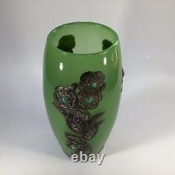 French Art Nouveau Glass Vase With Pewter Overlay And Cabouchon Gems