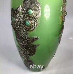 French Art Nouveau Glass Vase With Pewter Overlay And Cabouchon Gems