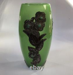 French Art Nouveau Glass Vase With Pewter Overlay And Cabouchon Gems