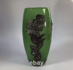 French Art Nouveau Glass Vase With Pewter Overlay And Cabouchon Gems