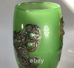 French Art Nouveau Glass Vase With Pewter Overlay And Cabouchon Gems