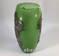 French Art Nouveau Glass Vase With Pewter Overlay And Cabouchon Gems