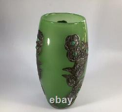 French Art Nouveau Glass Vase With Pewter Overlay And Cabouchon Gems