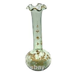 French Art Nouveau Mont Joy Legras Vase Green Glass Gold Enamel 10 Tall