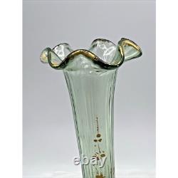 French Art Nouveau Mont Joy Legras Vase Green Glass Gold Enamel 10 Tall