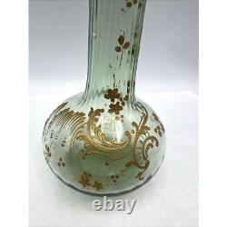 French Art Nouveau Mont Joy Legras Vase Green Glass Gold Enamel 10 Tall