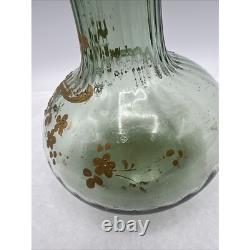 French Art Nouveau Mont Joy Legras Vase Green Glass Gold Enamel 10 Tall