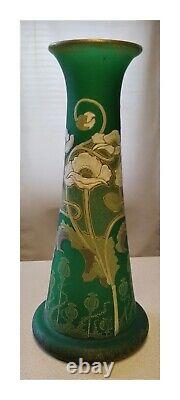 French Art Nouveau Mont Joye 14 Green Satin Glass Vase Enameled Impasto Flowers