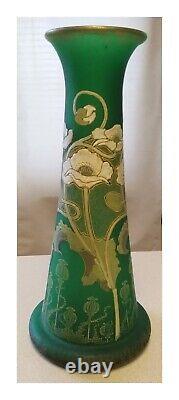 French Art Nouveau Mont Joye 14 Green Satin Glass Vase Enameled Impasto Flowers