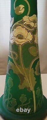 French Art Nouveau Mont Joye 14 Green Satin Glass Vase Enameled Impasto Flowers