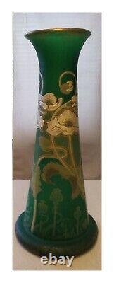 French Art Nouveau Mont Joye 14 Green Satin Glass Vase Enameled Impasto Flowers