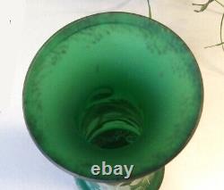 French Art Nouveau Mont Joye 14 Green Satin Glass Vase Enameled Impasto Flowers