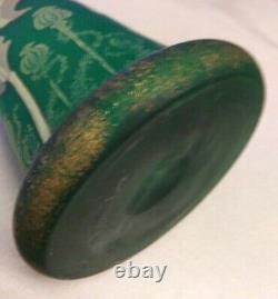 French Art Nouveau Mont Joye 14 Green Satin Glass Vase Enameled Impasto Flowers