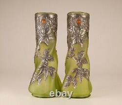 French Art Nouveau cases glass paste pewter jewelled vases Art glass Pate verre