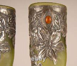 French Art Nouveau cases glass paste pewter jewelled vases Art glass Pate verre